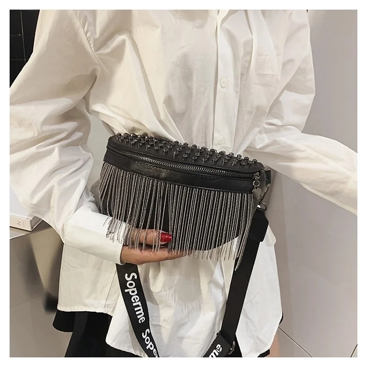 
Single-shoulder cross-body bag Joker tassel bag web celebrity with rivet wide band bag women purses 