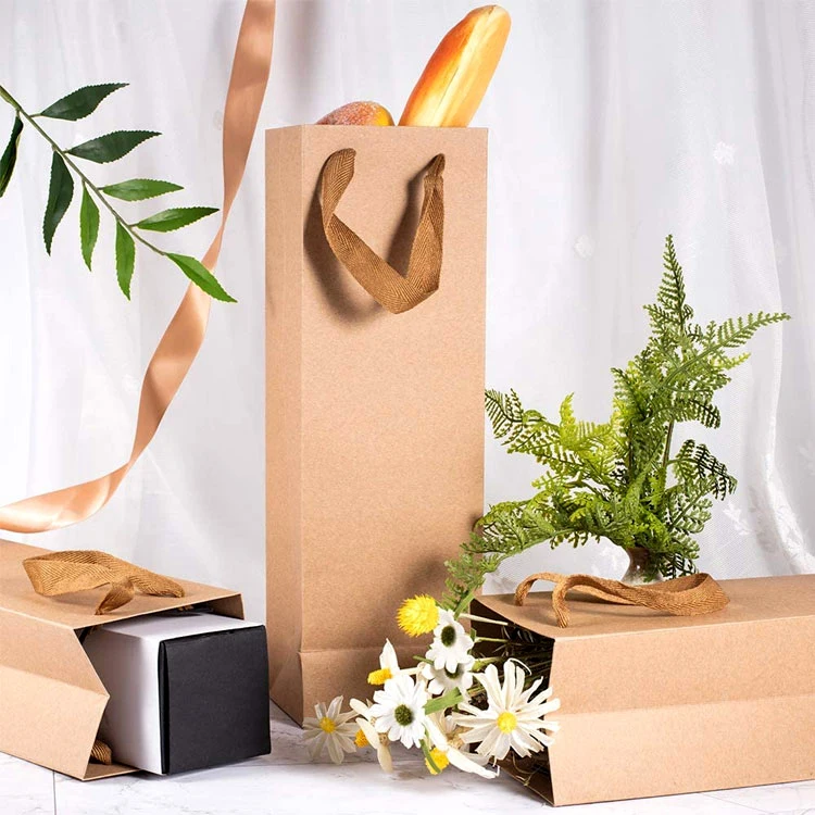 Wholesale Supply Cheap Red Wine Bottle Brown Kraft Paper Gift Bags Custom Printed Logo Packaging With Handles