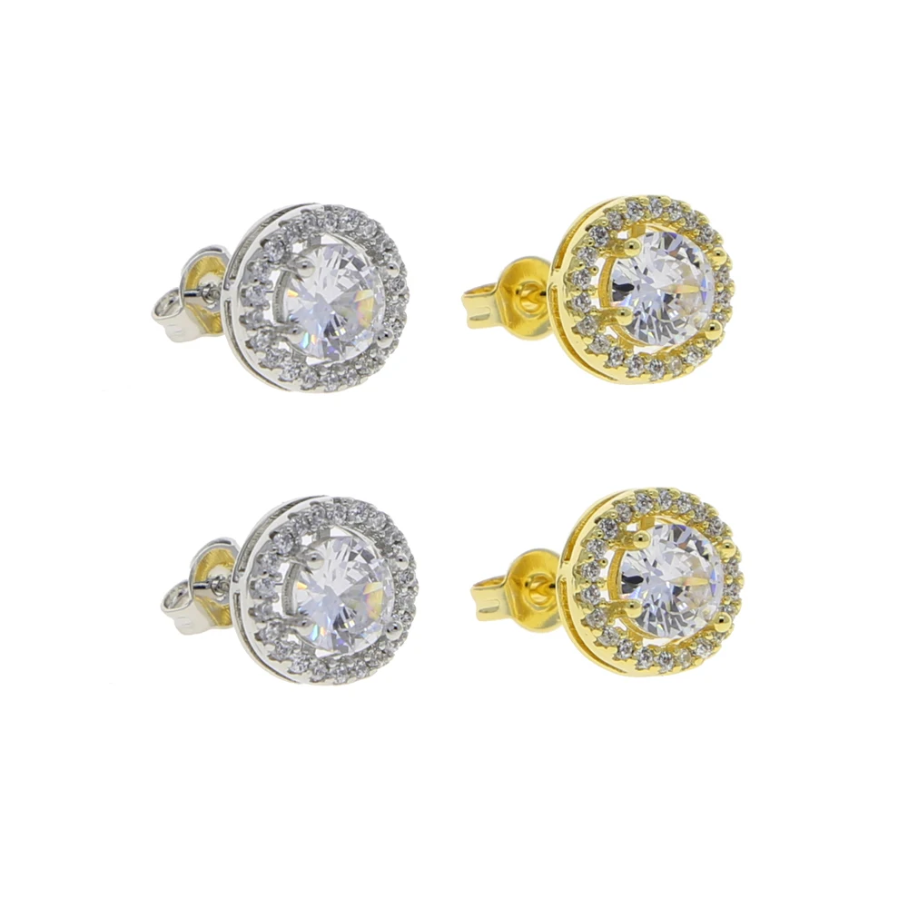 iced out bling CZ geometric stud round halo design sparking diamond stud earring