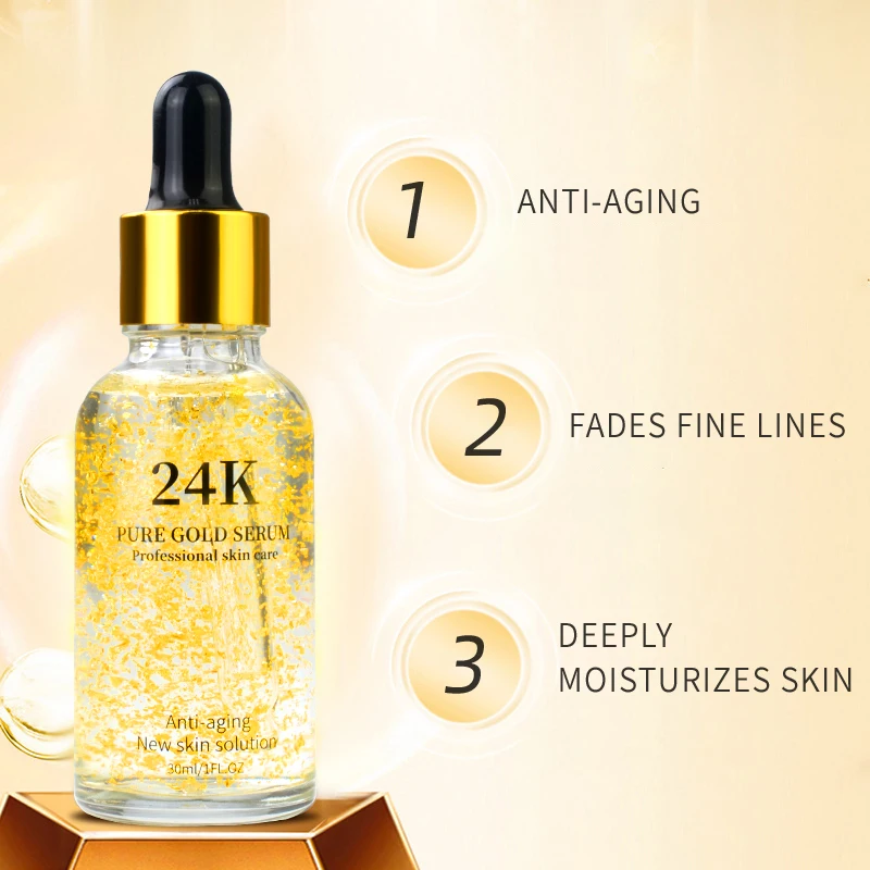 Custom Logo 24K Gold Face Serum 30ml Soin De La Peau Skin Moisturizing Brightening Face Essence Sueros Faciales Skin Care Serum