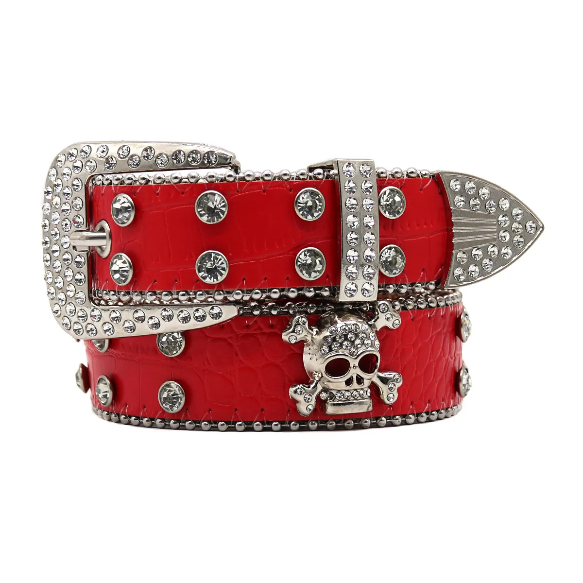 Newly Designed Retro Western Style White Knitted Belts Diamond Sparkling Flexible Waistband Skull PU Big Buckle Outdoor Belt