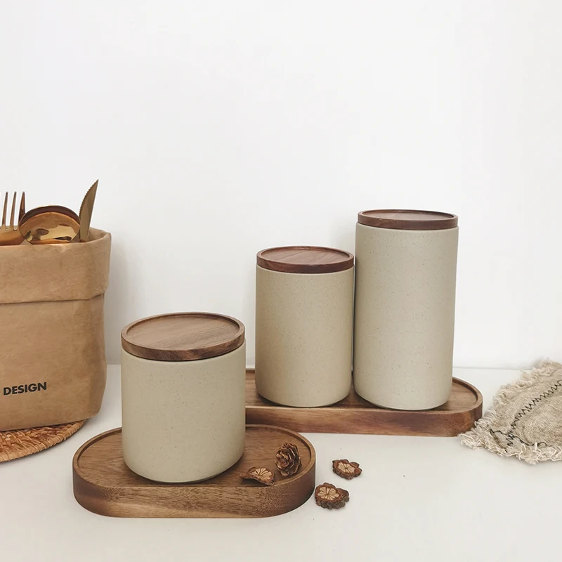 Porcelain Custom Kitchen Food Snack Tea Coffee Bean Sugar Ceramic Candy Cookie Canisters Tray Storage Jar With Wooden Lid Set