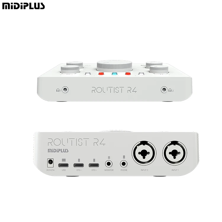 Midiplus Routist R4, аудиоинтерфейс, USB, запись, гитара, наушники, внешний усилитель, микрофонный предусилитель, звуковая карта с входным разъемом постоянного тока