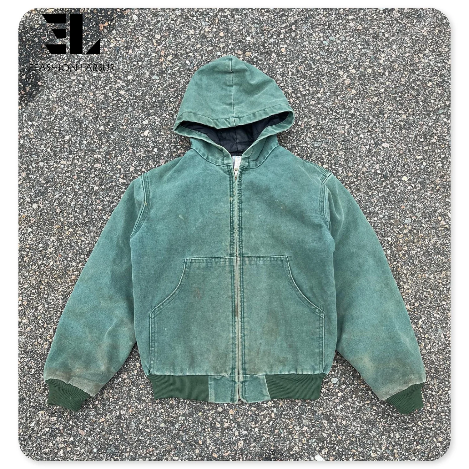 LARSUR Custom distress wash heavy duck canvas work jacket with lined vintage faded worker hooded jacket chore jacket coat hoodie