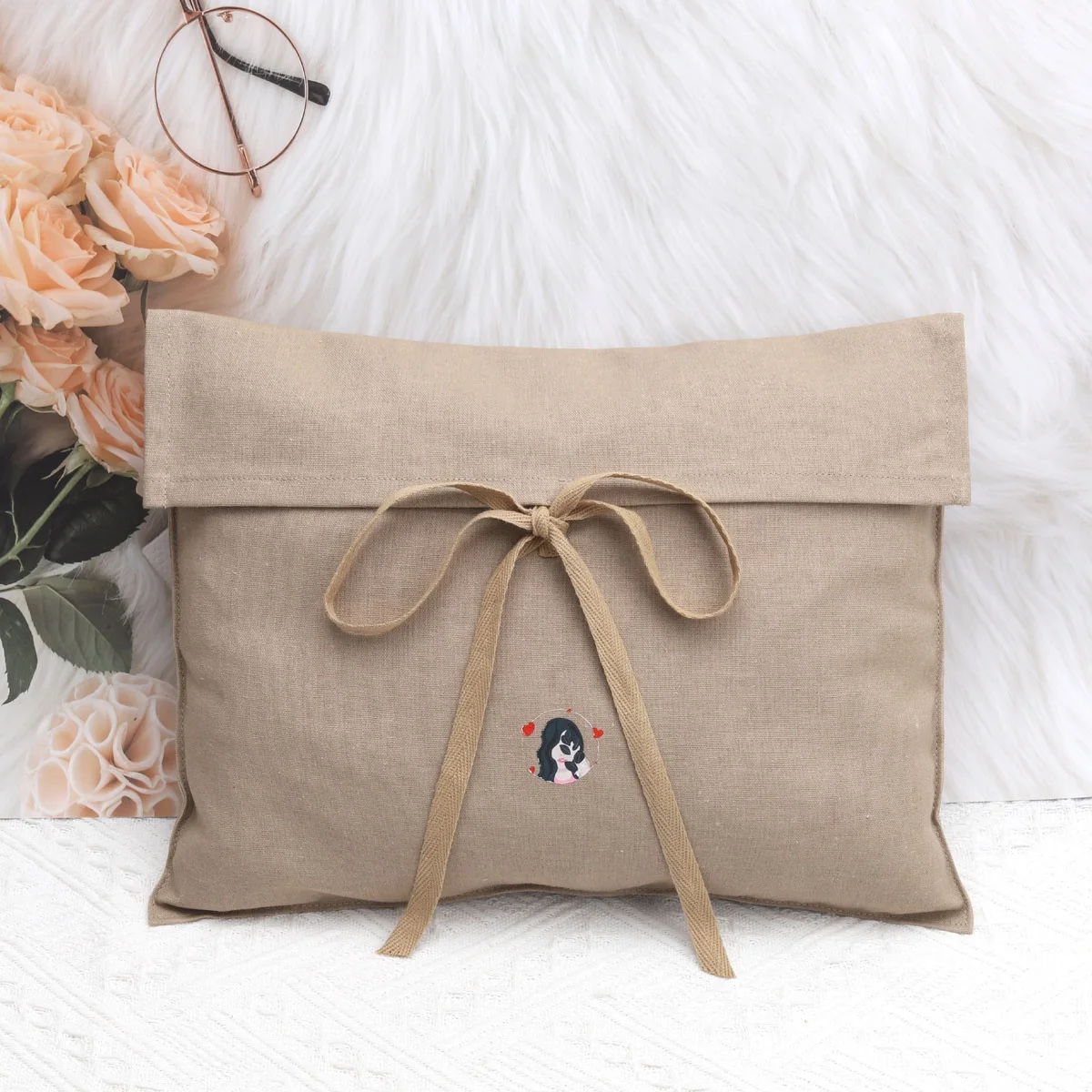 Reusable Custom Logo Printed Brown Cotton Linen Envelope Handbag Dust Bag Soild Scarf T-shirt Clothes Storage Muslin Pouch