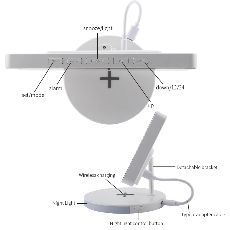 Digital Alarm Clock with Wireless Charging Suitable for Mirrored LED Clock in Bedroom Decoration