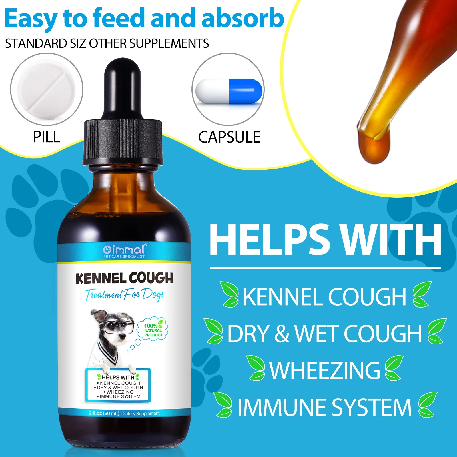 Oimmal Natural Organic Dry and Wet Cough Wheezing Liquid Supplements Kennel Cough Treatment Drops for Dogs