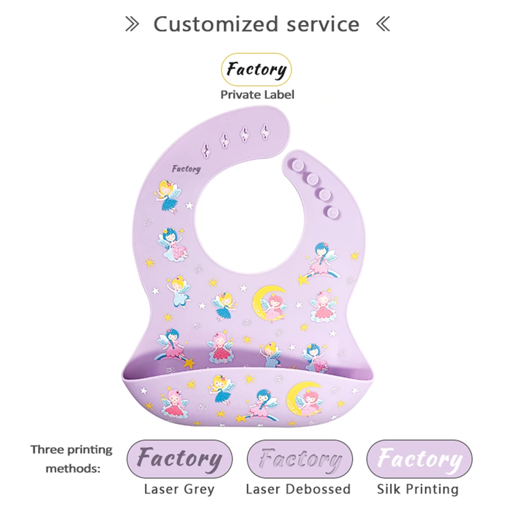 BPA Free Food Grade Silicone Waterproof Bib Tableware Food Catcher Infant Bibs Custom Pattern Bib Custom Printing