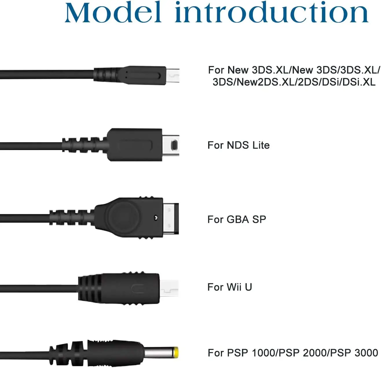 Yiscaxia For Wii U/ NEW 3DSXL/NEW 3DS/NDS LITE SP/PSP 5 in 1 Charging Cable