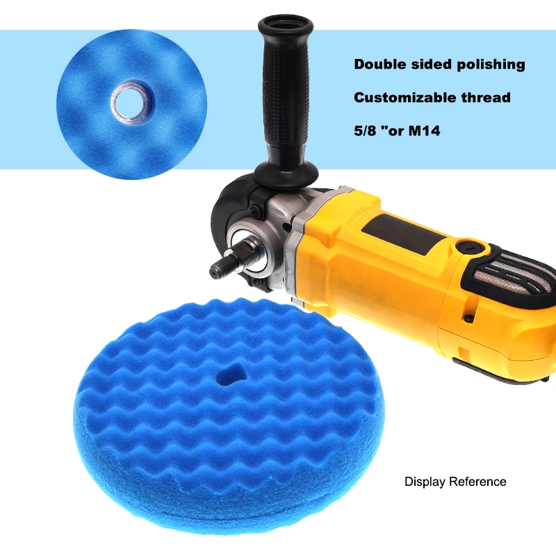 8Inch Blue Double-side 5/8' or M14 Medium Cutting Wave Buffing Sponge Waffle Foam Polishing Pad for Auto Care Sanding Waxing