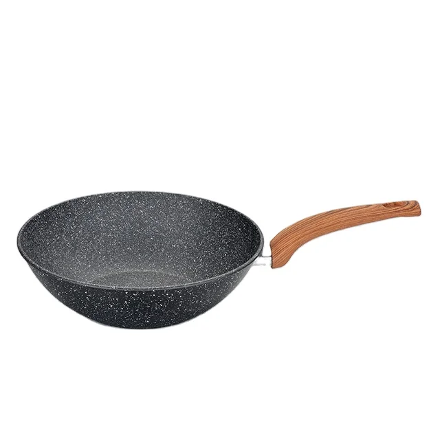 Forged Aluminum Nonstick Induction Wok Wooden Design Handle Stir Fry Pan With Glass Lid