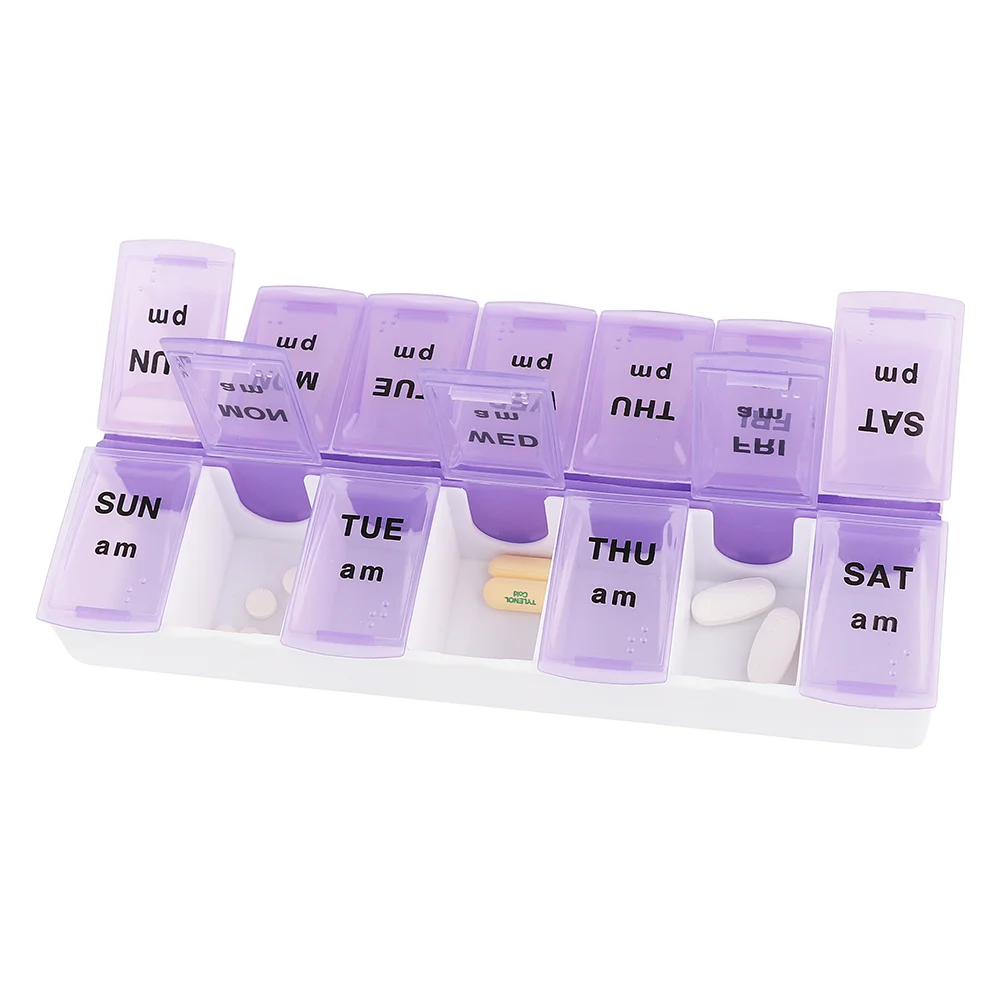 Pill Box 7 Day Plastic Medicine Organizer 14 Compartment Dispenser Weekly AM PM Pill Box