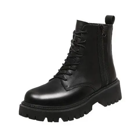 British mid-calf boots black handsome ankle boots PU front strap round head low heel platform single boots