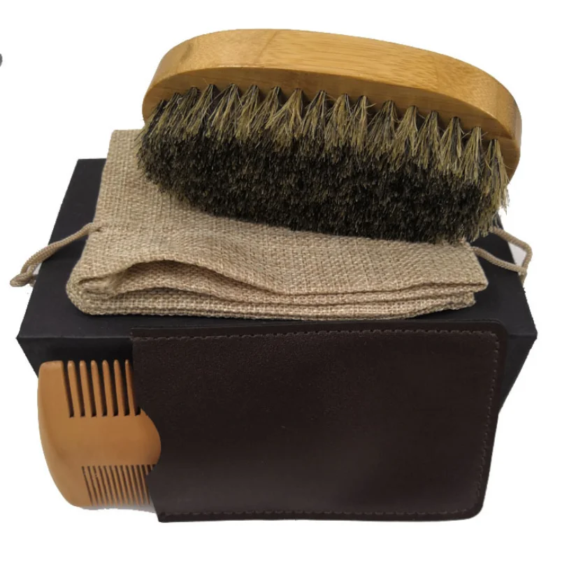 oumo hot sell private label boar bristle hair brush wood comb beard brush kit with gift package