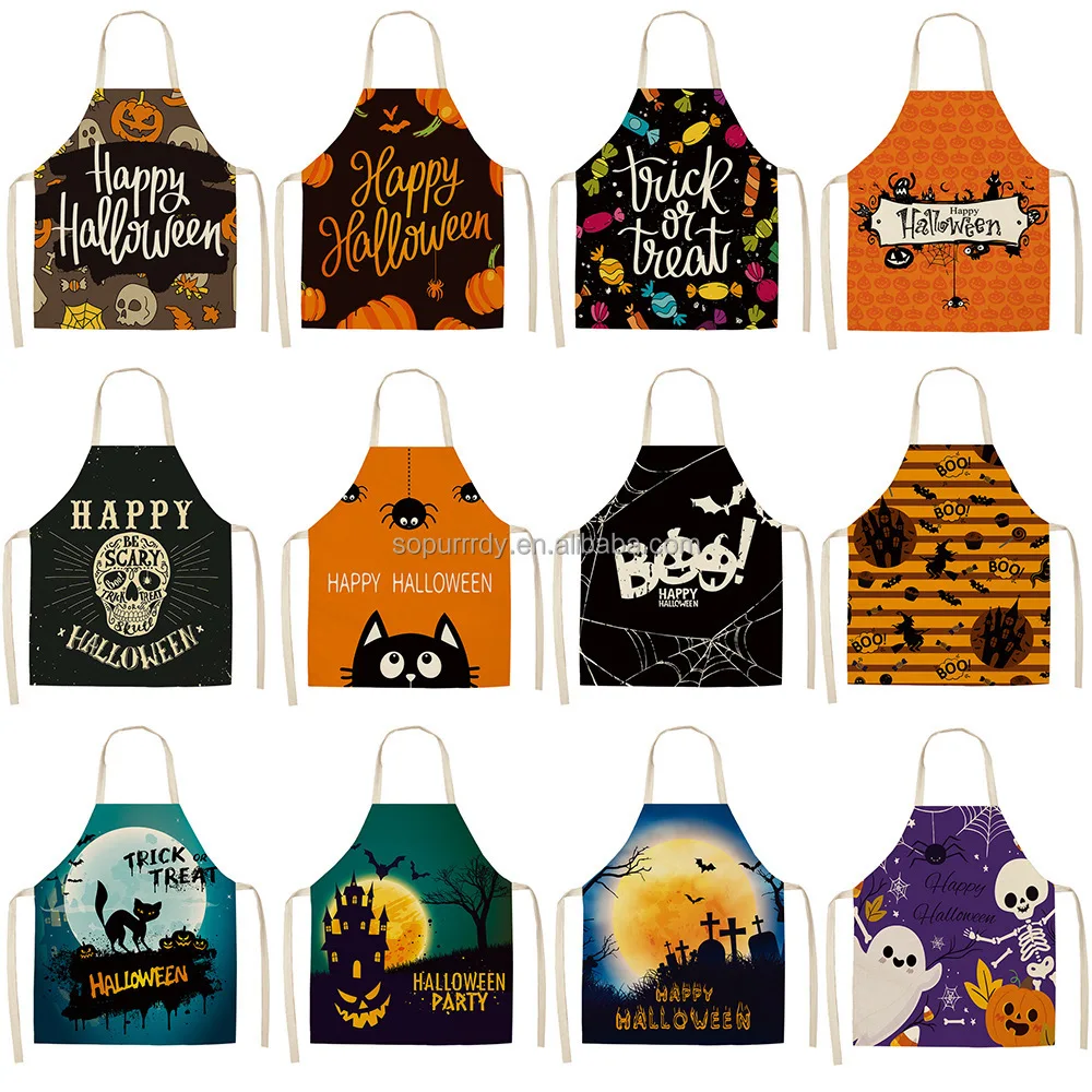 Custom Design Print Logo Christmas Halloween Beige Full Printing Long Chef Cooking Kitchen Bib Cotton Line Apron with Pockets