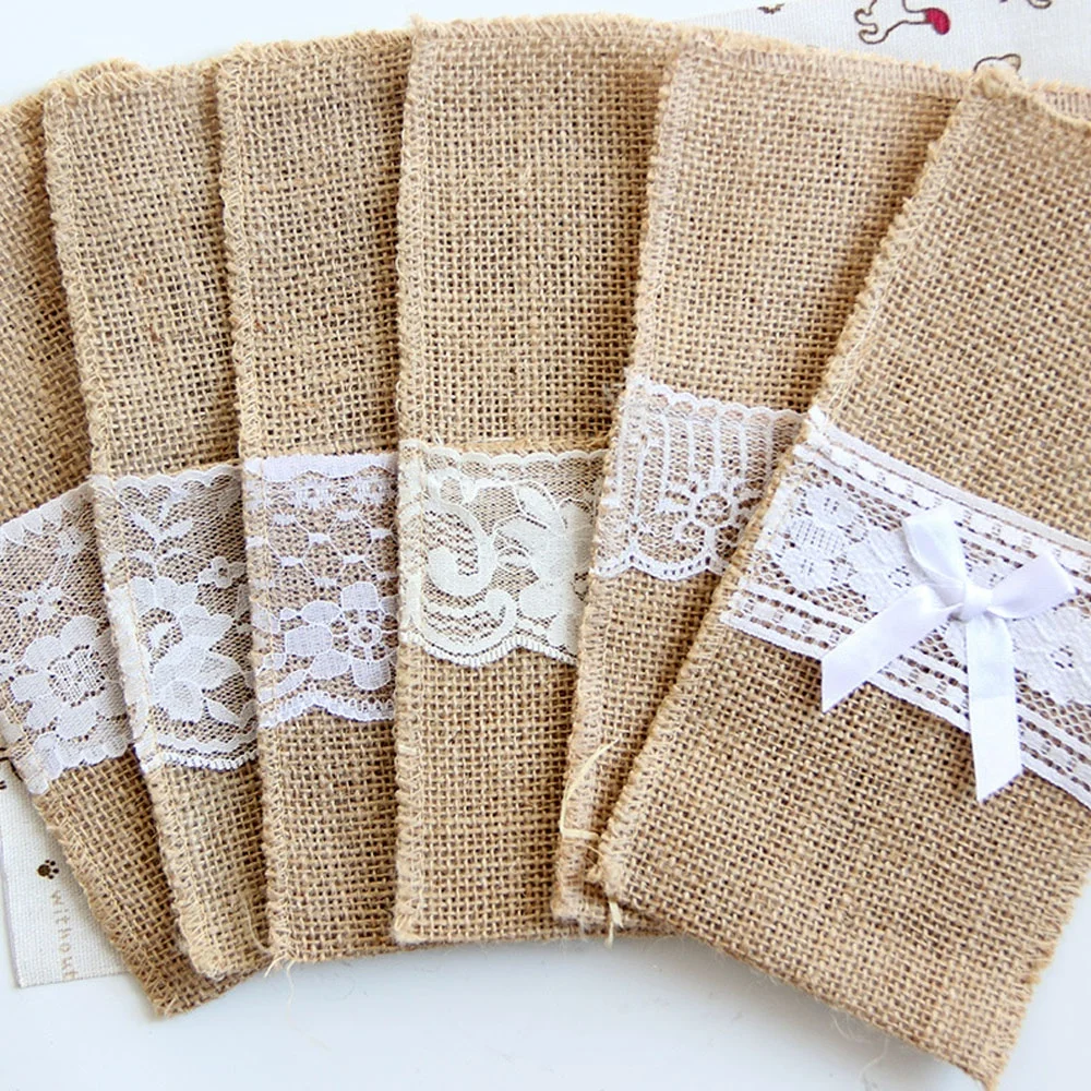 Retro Hessian Jute Burlap Lace Linen Cutlery Pouch Holder Bag for Wedding Party Table Decoration Supplies