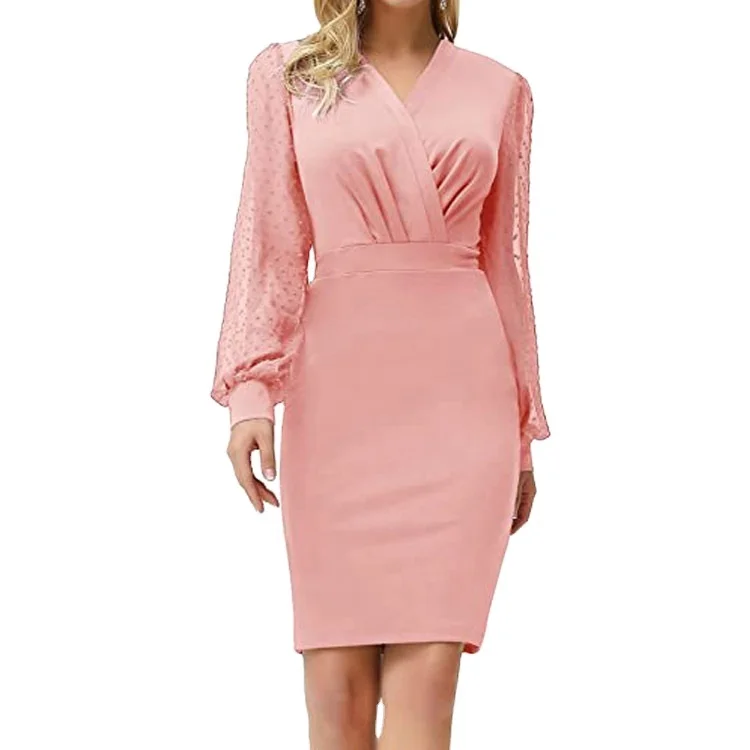 Женское платье-карандаш с длинным рукавом и V-образным вырезом