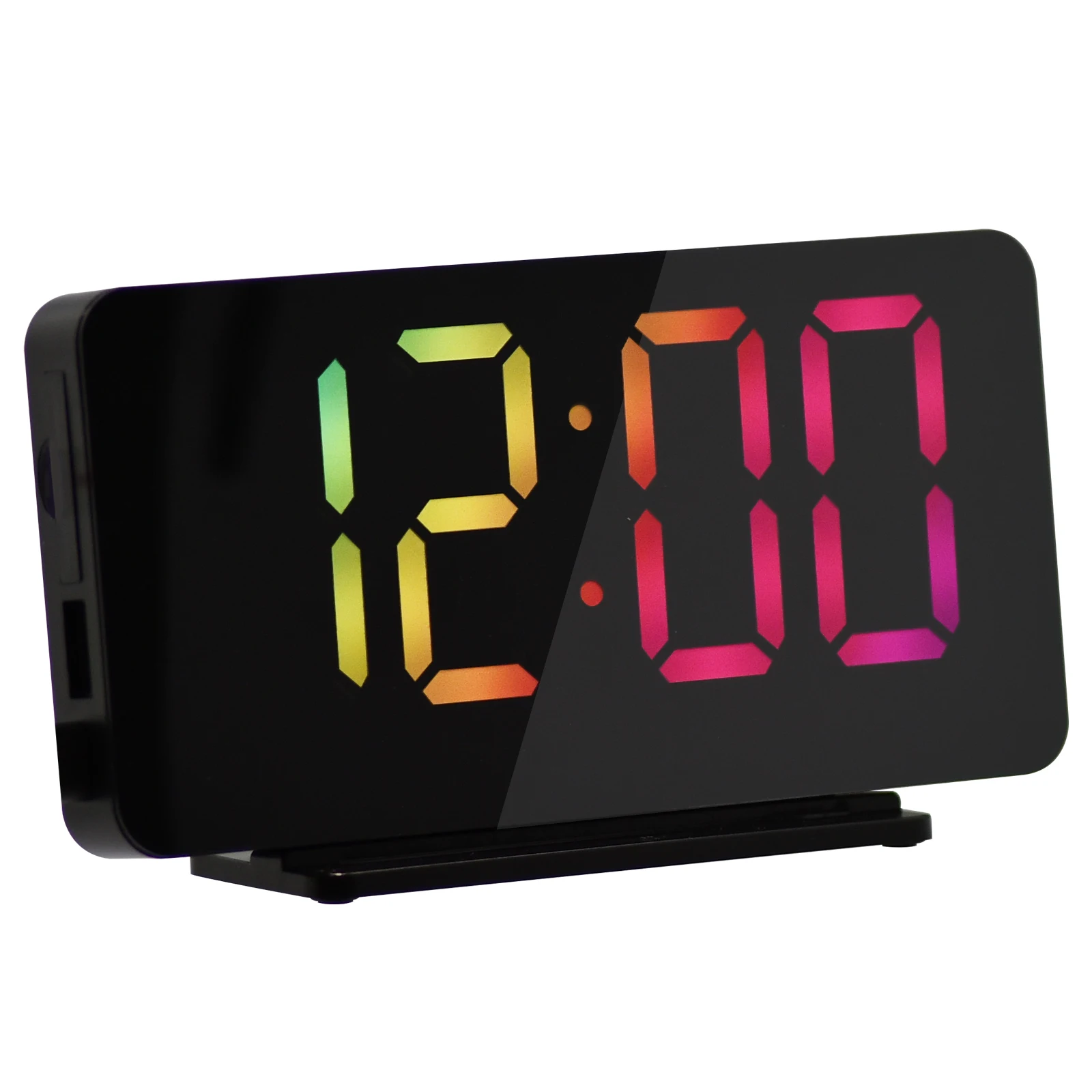 Double Alarm with Snooze  Radio Voice Adjustable LED  Time Memory Mirror Rectangle Colorful Display  Clock