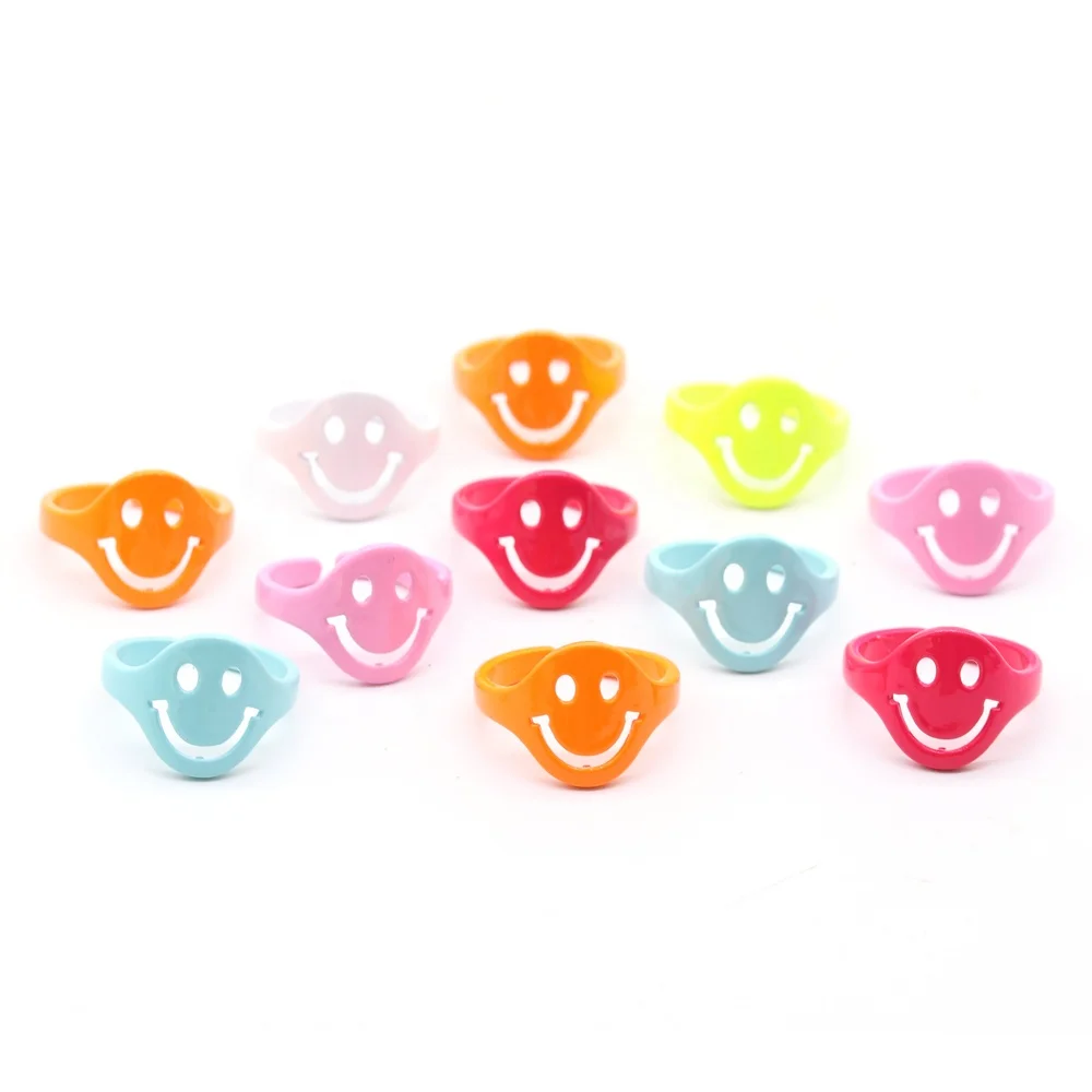 2021 Hot Summer Style Jewelry Smiley Rainbow Neon Colors Happy Face Brass Ring Adjustable Rings for Ladies