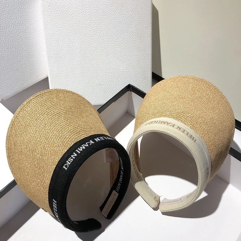 Visor Hat Summer Letters Raffia Grass Hairband Empty Top Hat Vacation Ponytail Outdoor UV Protection Cap Sun Straw Visor