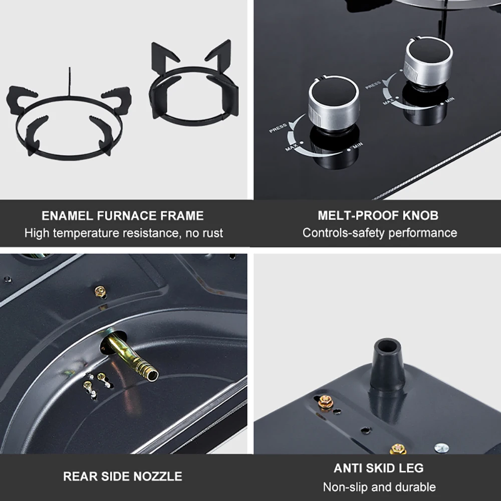 Kitchen Cookware Tempered Glass Gas Stove 2 Burner Built-In Household 3.8 KW Cooktop