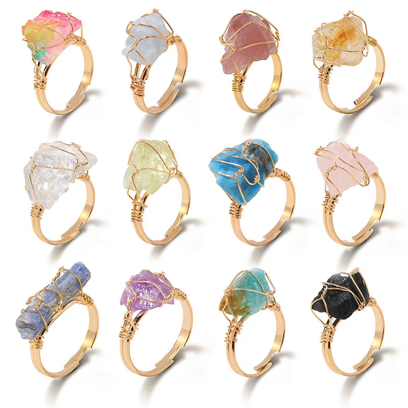 Wollet Natural Crystals Healing Stones Jewelry Adjustable 15 Styles Chakra Natural Stone Crystal Ring