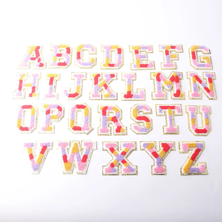 Wholesale 8 cm self adhesive rainbow varsity letter patches gold glitter colorful chenille Camo letter patches for hoodies bags