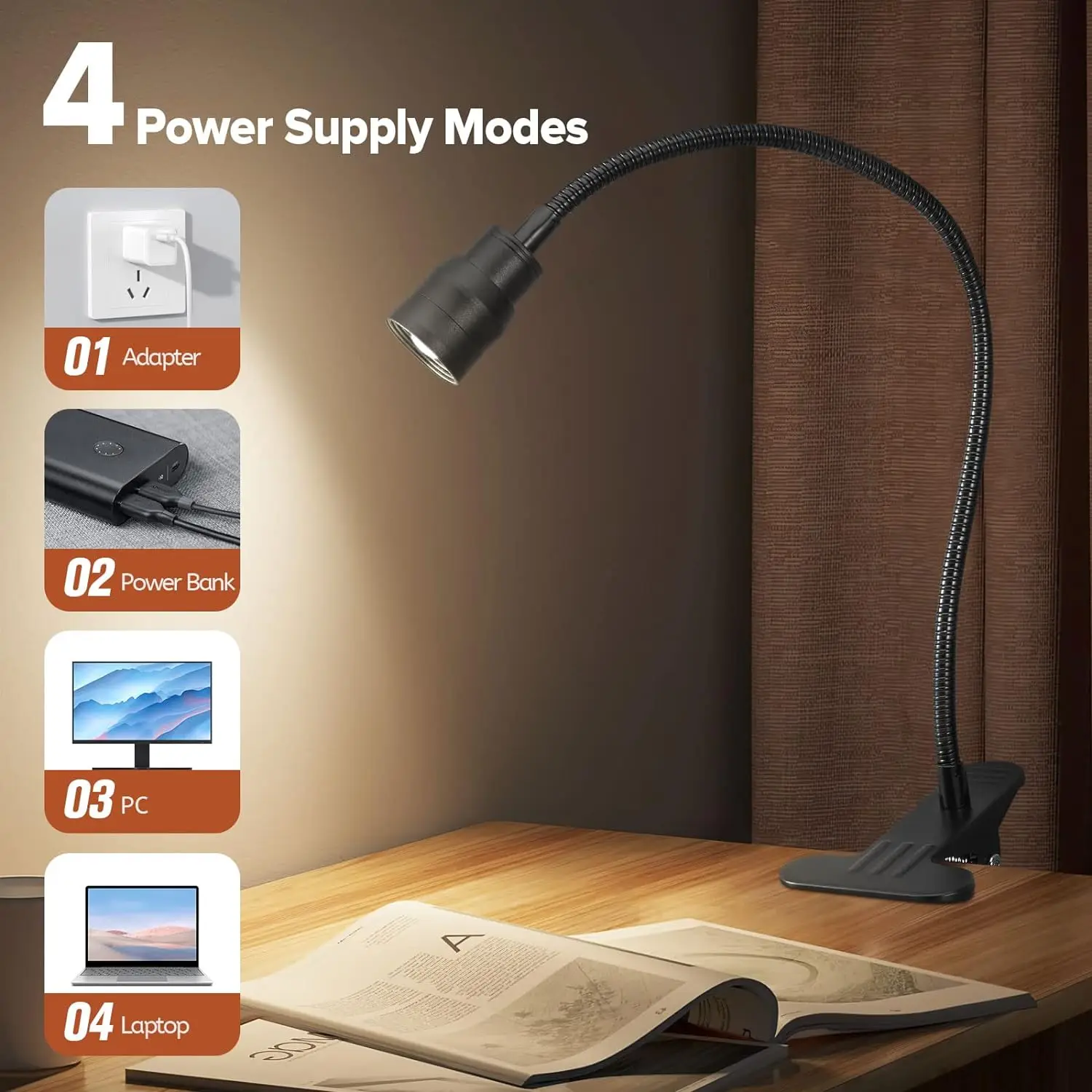 Flexible Gooseneck Small Clamp Light Desk Lamp 10 Dimmable Brightness Eye Care Reading Lamp Clip on Light Reading Light for Bed