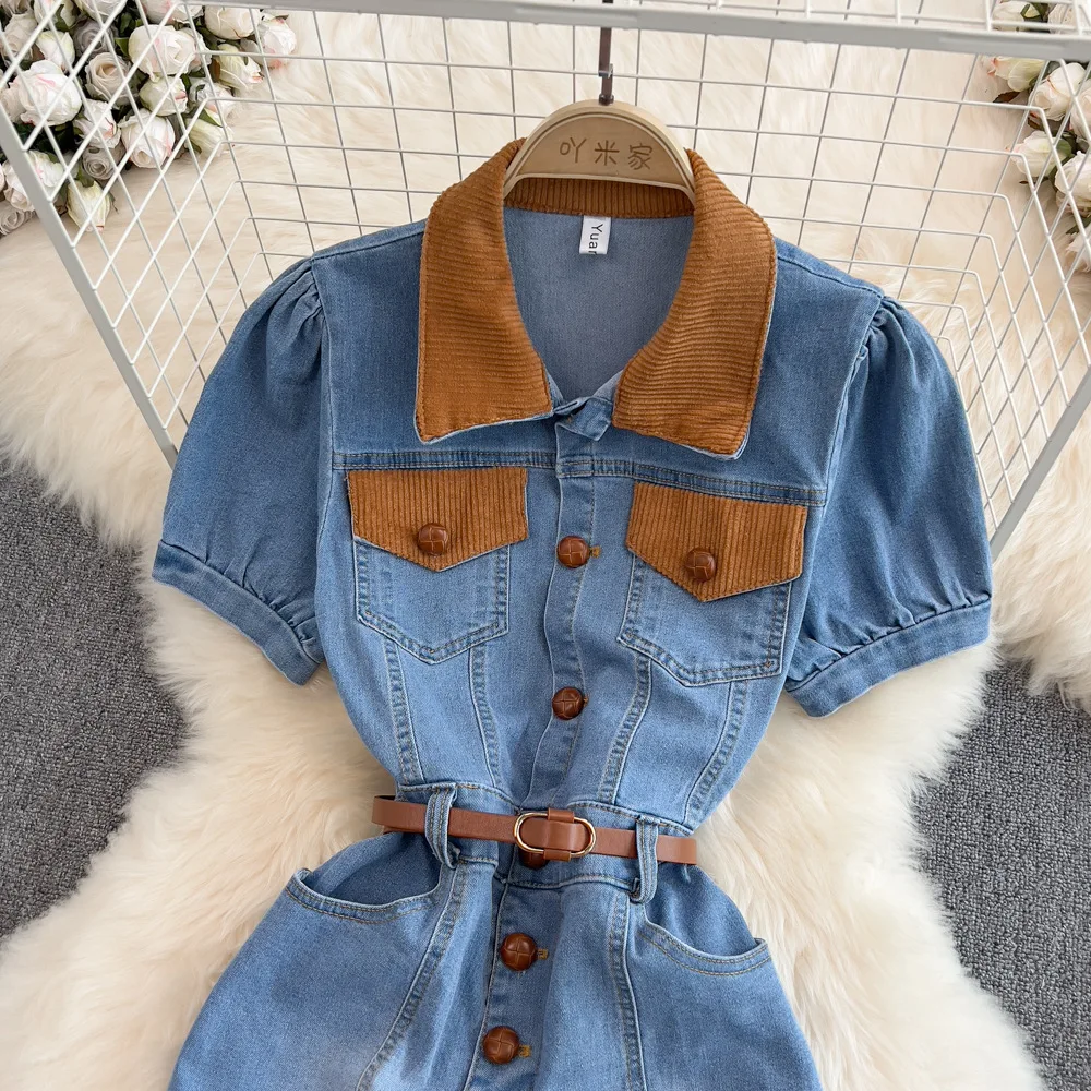 Custom 2022 Sweet Girls  High Street Patchwork Corduroy Polo Collar Denim Short Designer Dresses Women With Puff Sleeve Top