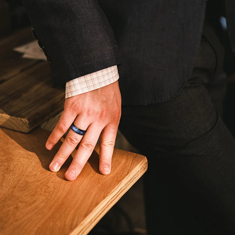 POYA 8mm Dome Polished Mens Blue Carbon Fiber Gear Inlay Tungsten Ring for Men Unique Gift