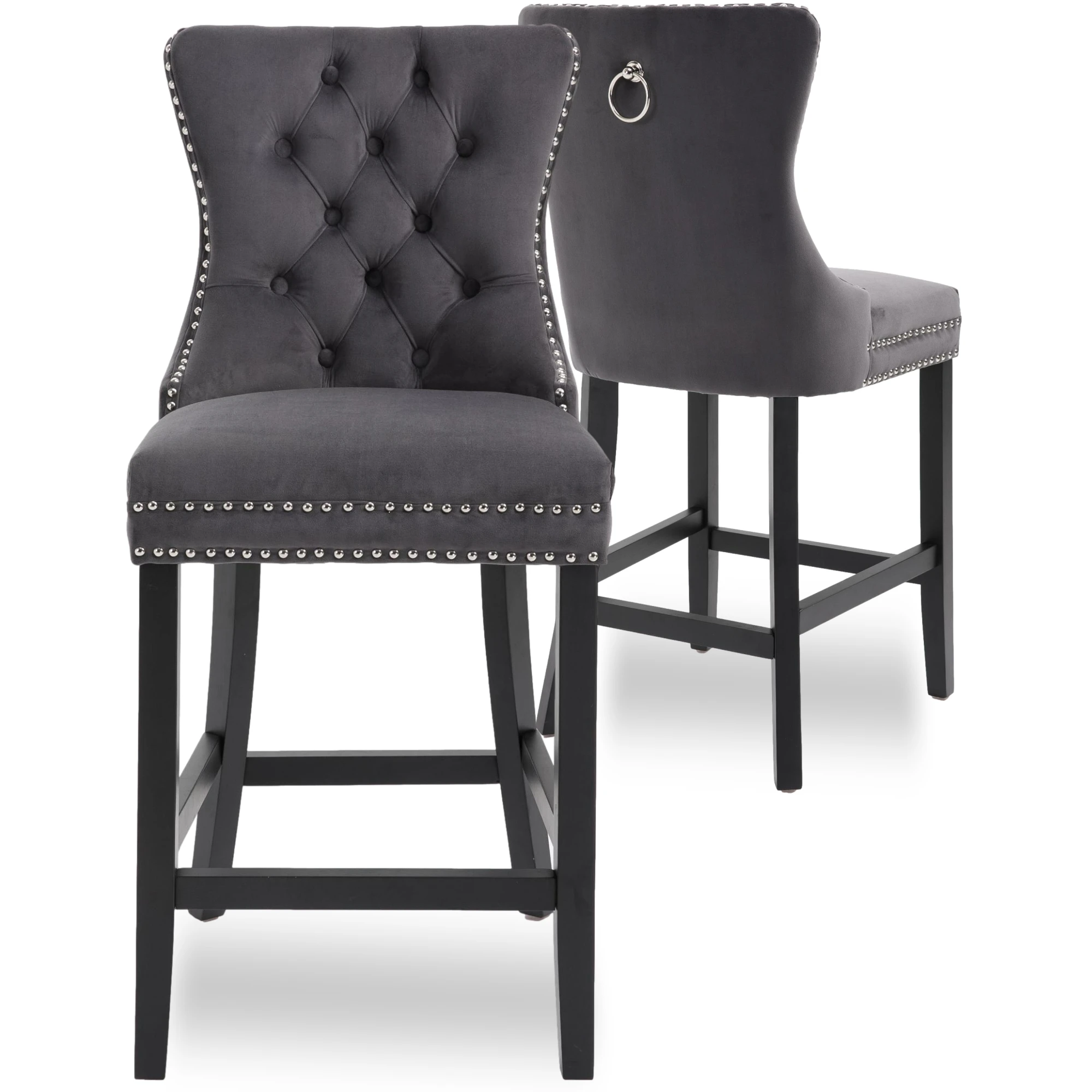 Stylish Gray Velvet Upholstered Nailhead Trim Tufted Solid Wood Counter High Bar Chair Bar Stool