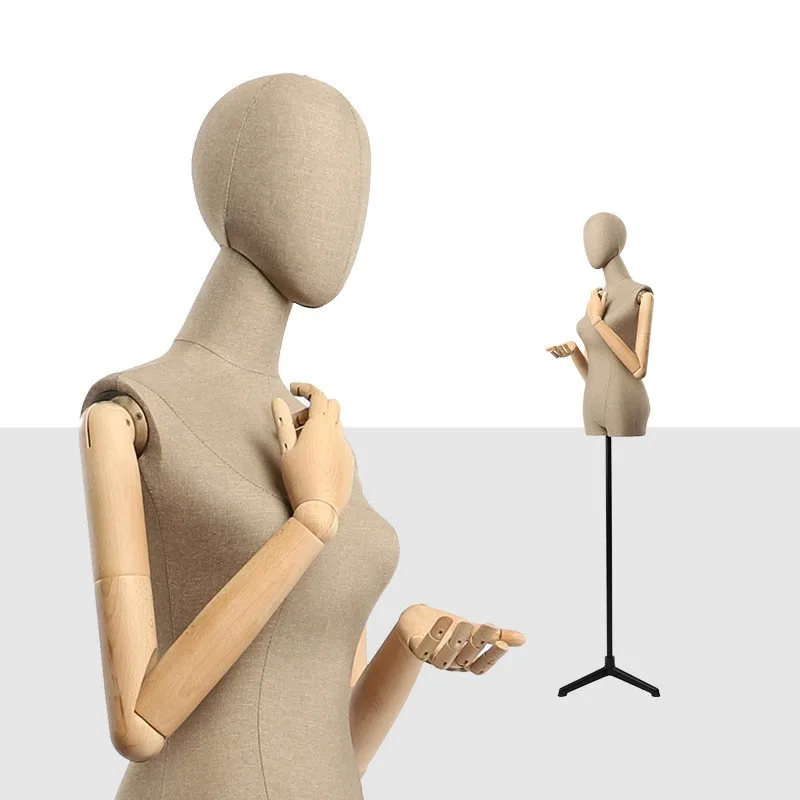 High quality mannequin female half solid wood arm window display clothing store wedding dress model dummy apricot fabric
