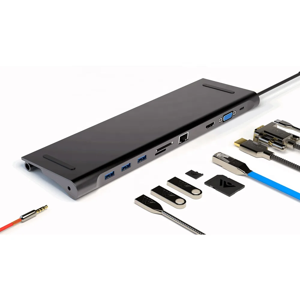 10 In 1 Multifunction USB C HUB To HDMI VGA USB 3.0 RJ45 Audio PD 100W Adapter For MacBook Laptop Type C HUB Docking Station