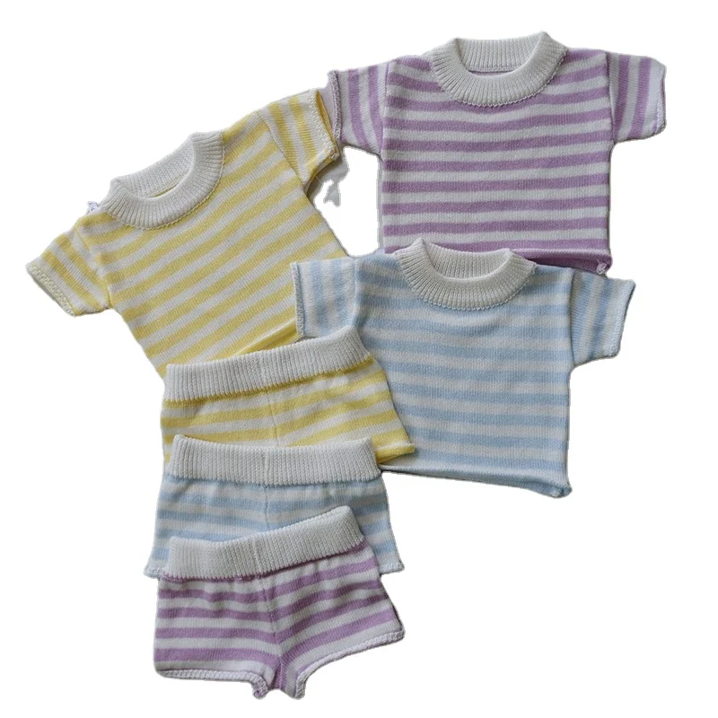 Custom Toddlers Hand Knit Two Pieces Shorts Set Chunky Knit Oversized Stripped Tee 100%Cotton Knitted Outfits Kids Knitwear