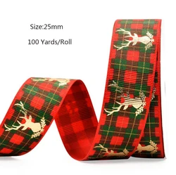 100yards/Roll  25mm Christmas Ribbon Printed  Grosgrain/Polyester Ribbon For Christmas Gift Packing Decoration