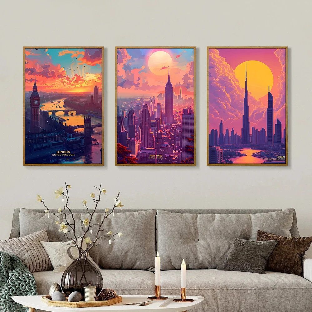 Fashion New York London Dubai City Poster Printed Framed Canvas Wall Decor Painting Custom Size Wall Art For Living Room
