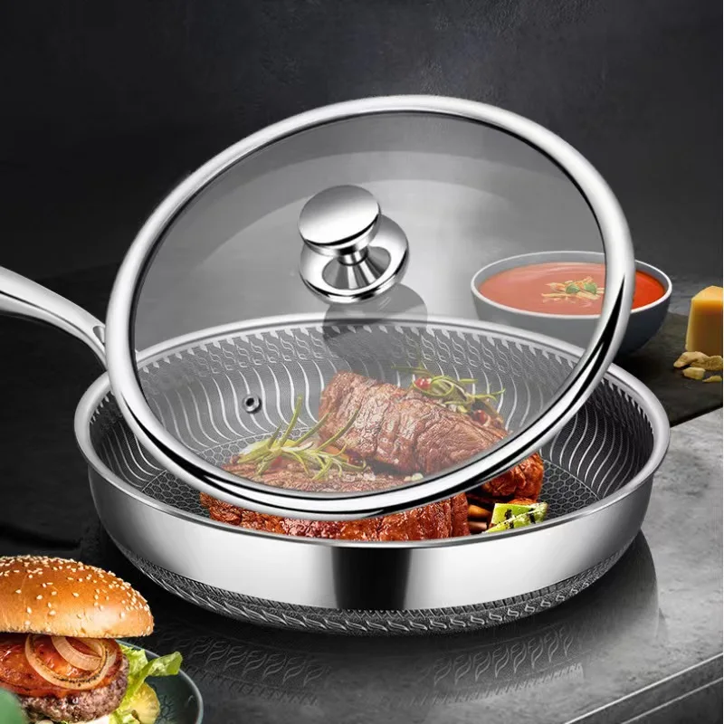 316 Stainless Steel Wok Double Sided Honeycomb Frying Pan with Glass Lid Kitchen Cooking Pan