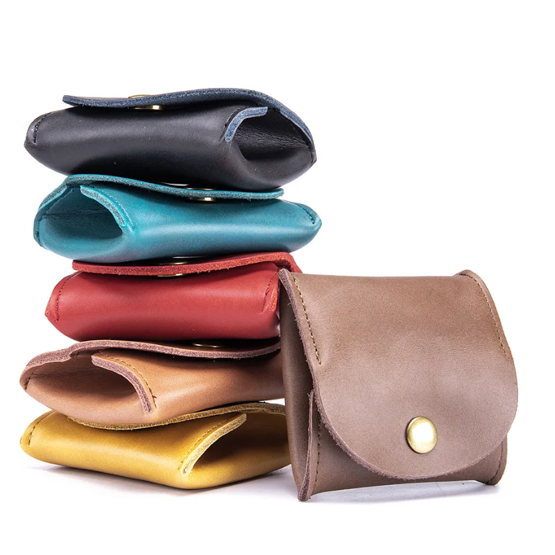 Genuine Cowhide Leather Coin Pouch Square Snap Compact Headphone Earpods Case Bag Cable Organizer Mini Promotional Business Gift
