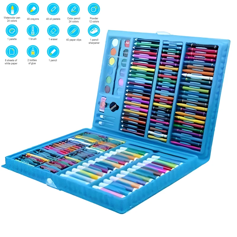 208PCS Promotional Custom Easel Artist Crayon Drawing Paint Brush Pen Student Kids Back to School Gift Kit Stationery Sets