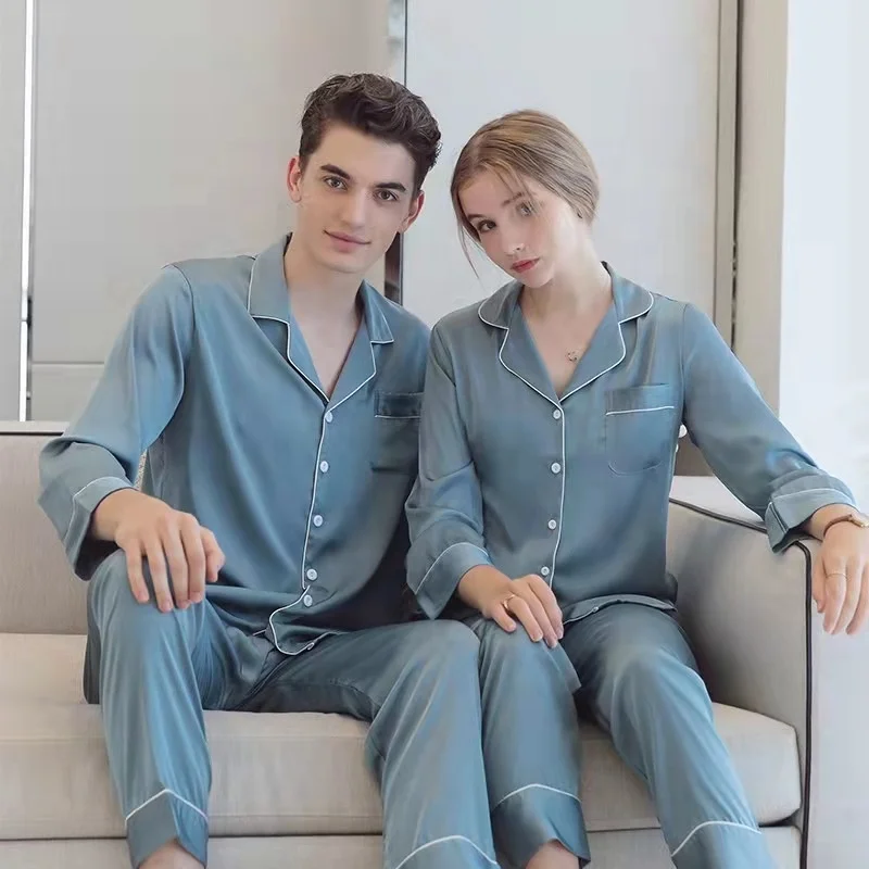 2022 new arrivals ice silk family sleepwear luxury couple Pajamas sets silk satin solid sleepwear for women and men