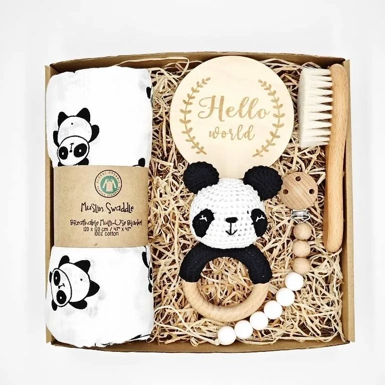 5Piece Baby Shower Gift Set Elephant Wooden Rattle Swaddle Muslin Blanket Baby Crochet Bear Rattles Teether Toy Set