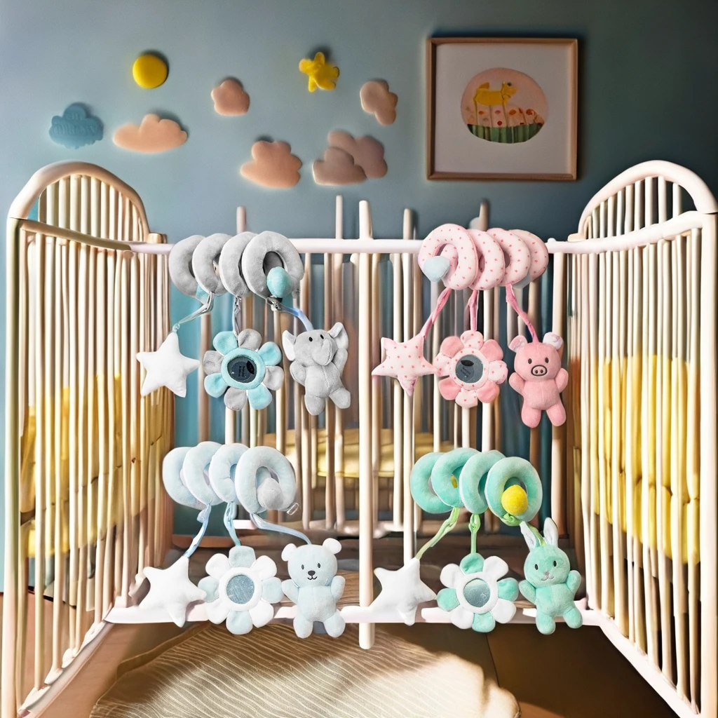 Unisex Soft Safety Animal Bed Hanging Toy for Baby Stroller Musical Ringing Bell Baby Mobile Made Plush Plastic Stuffed Feature