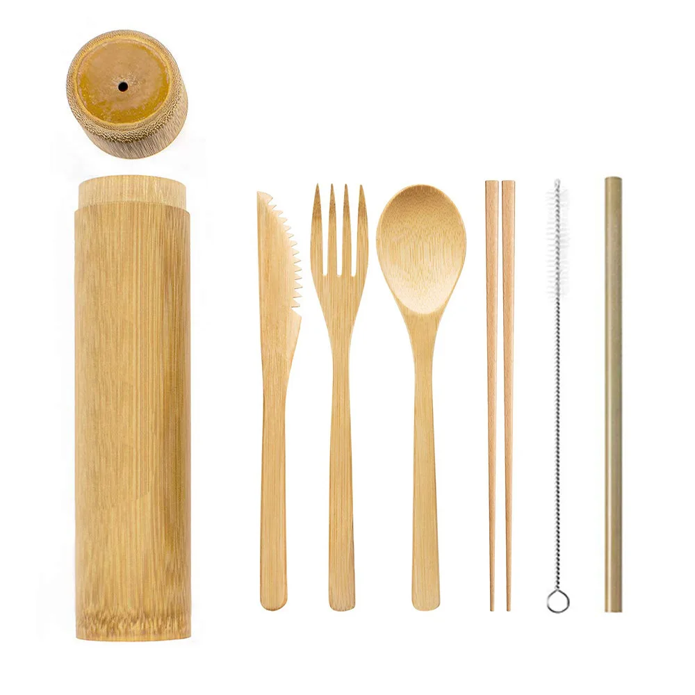 100% Natural Eco Friendly Bamboo Straw Toothbrush Spoon Fork Knife Flatware Utensils Travel Tube Bamboo Cutlery Set