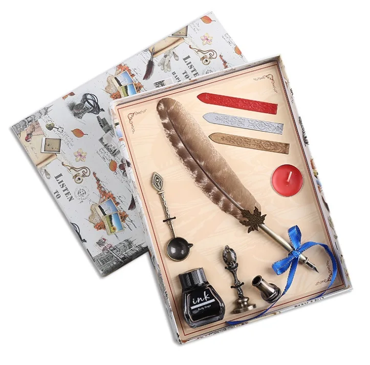 Real Natrual Vintage Craft Quill Calligraphy Feather Fountain Pen for Write Signature Gift Wedding Bridal Shower Party Supply