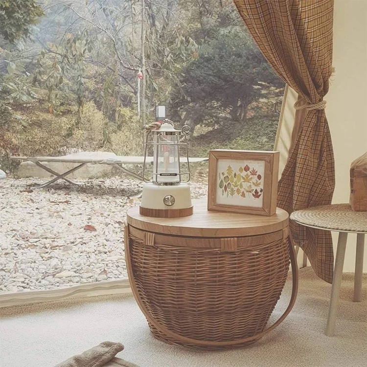 2022 Summer New design Wholesale OEM outdoor Camping handmade wooden rattan basket picnic basket with lid