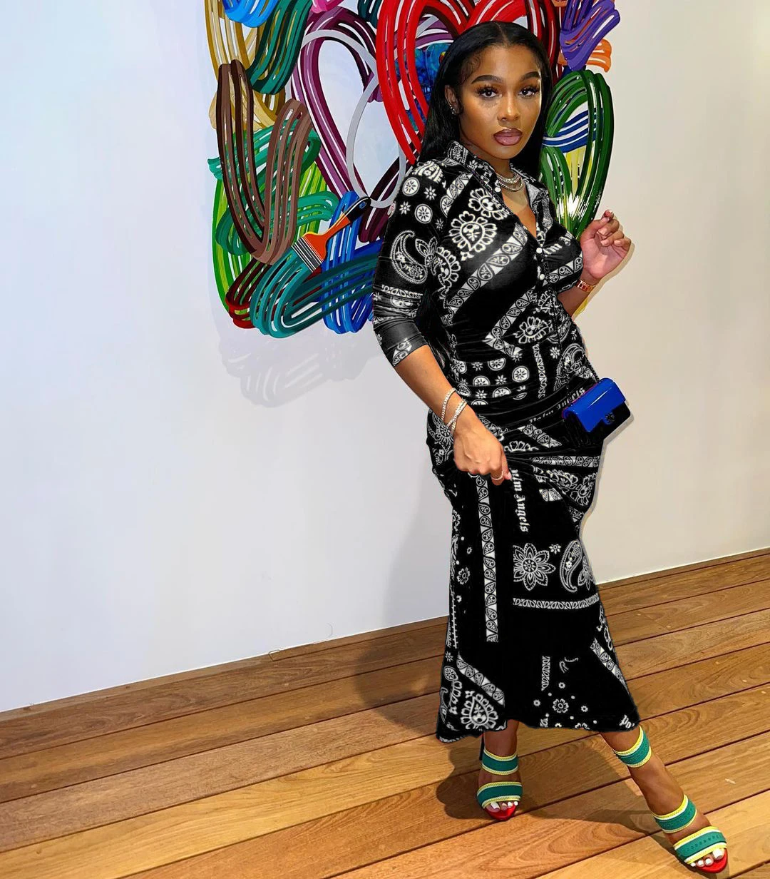 2022 Hot Sell Spring Summer Dresses Women Elegant Casual Bandana Floral Print Dress Long Sleeve Fit and Flare Boho Maxi Dress