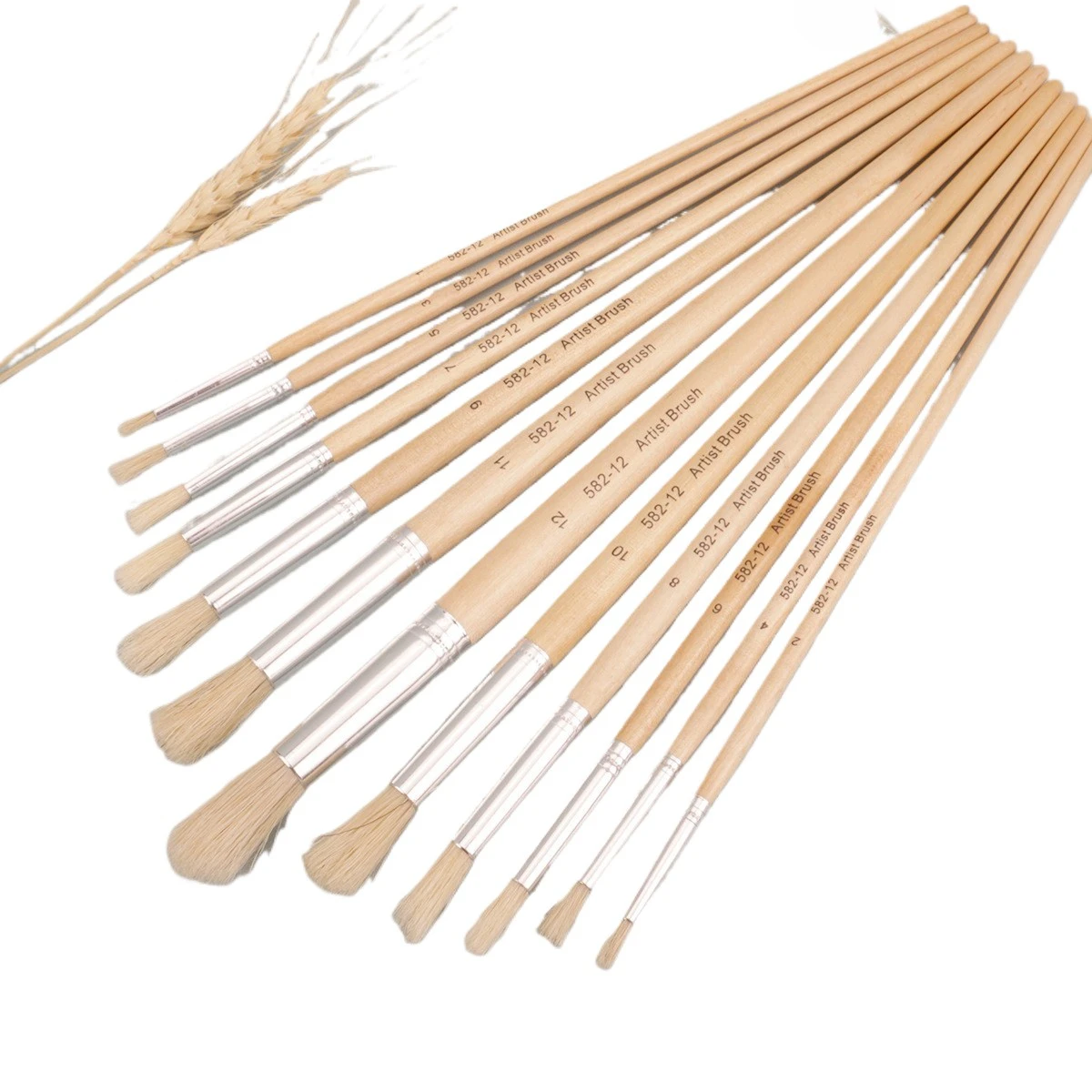 Opeth 12pcs Pig Hair Wooden Rod Brush Set,Professional Art Round Head Brush,Student Flat Head Oil Painting Brush