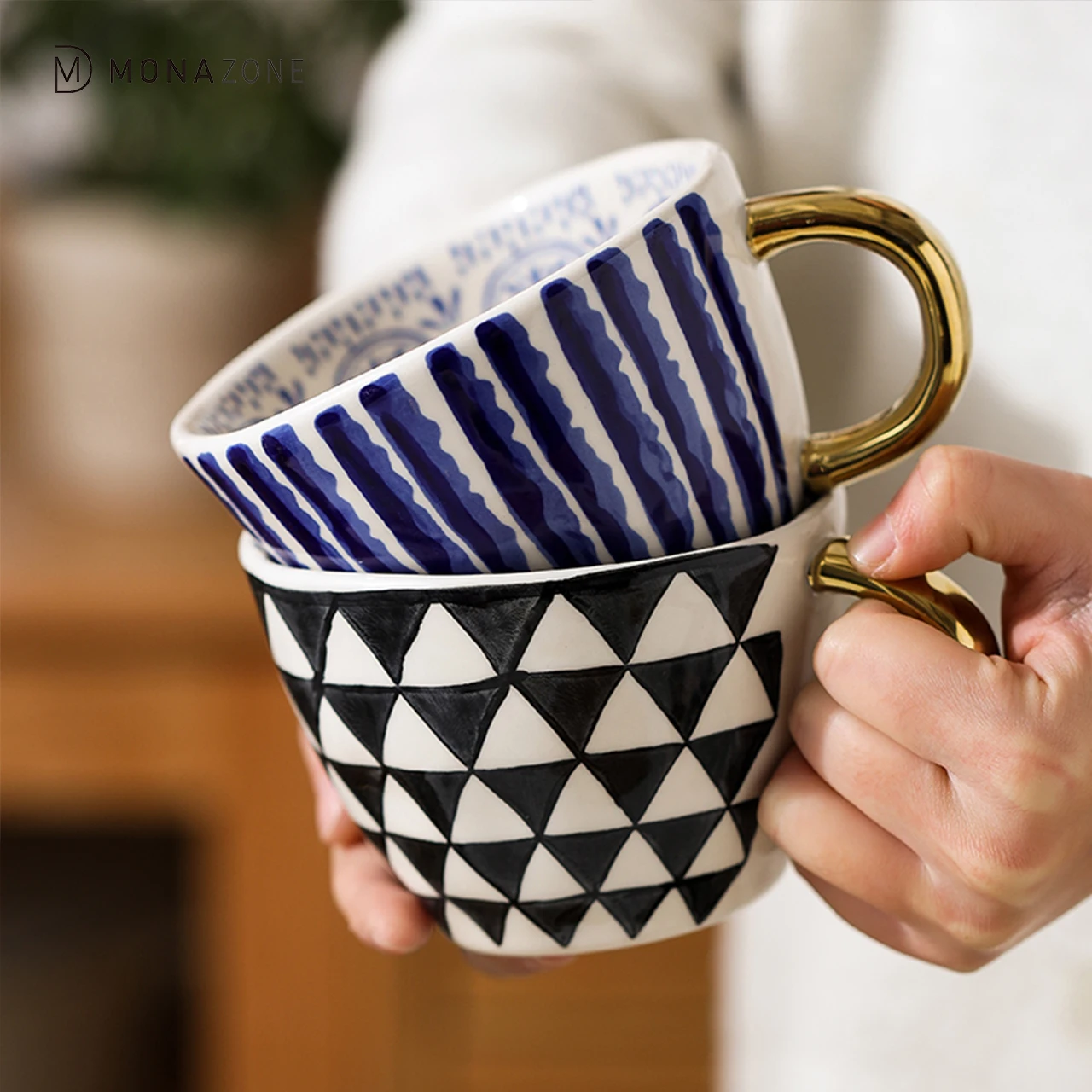 
MONAZONE Japanese-style Striped Ceramic Mug Golden Handle Coffee Breakfast Mug 