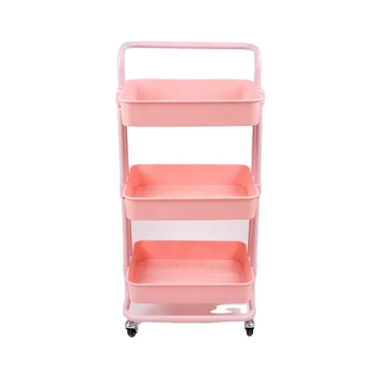 3 Tier Pink Utility Trolleys Metal Rolling Kitchen Storage cart