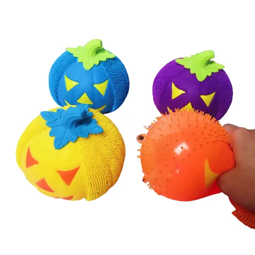 Different Color Hairy Tpr Puffer Ball Toys Squeeze Flashing Halloween Pumpkin Led Spick Puffer Ball Stress Reliever Balls Toy
